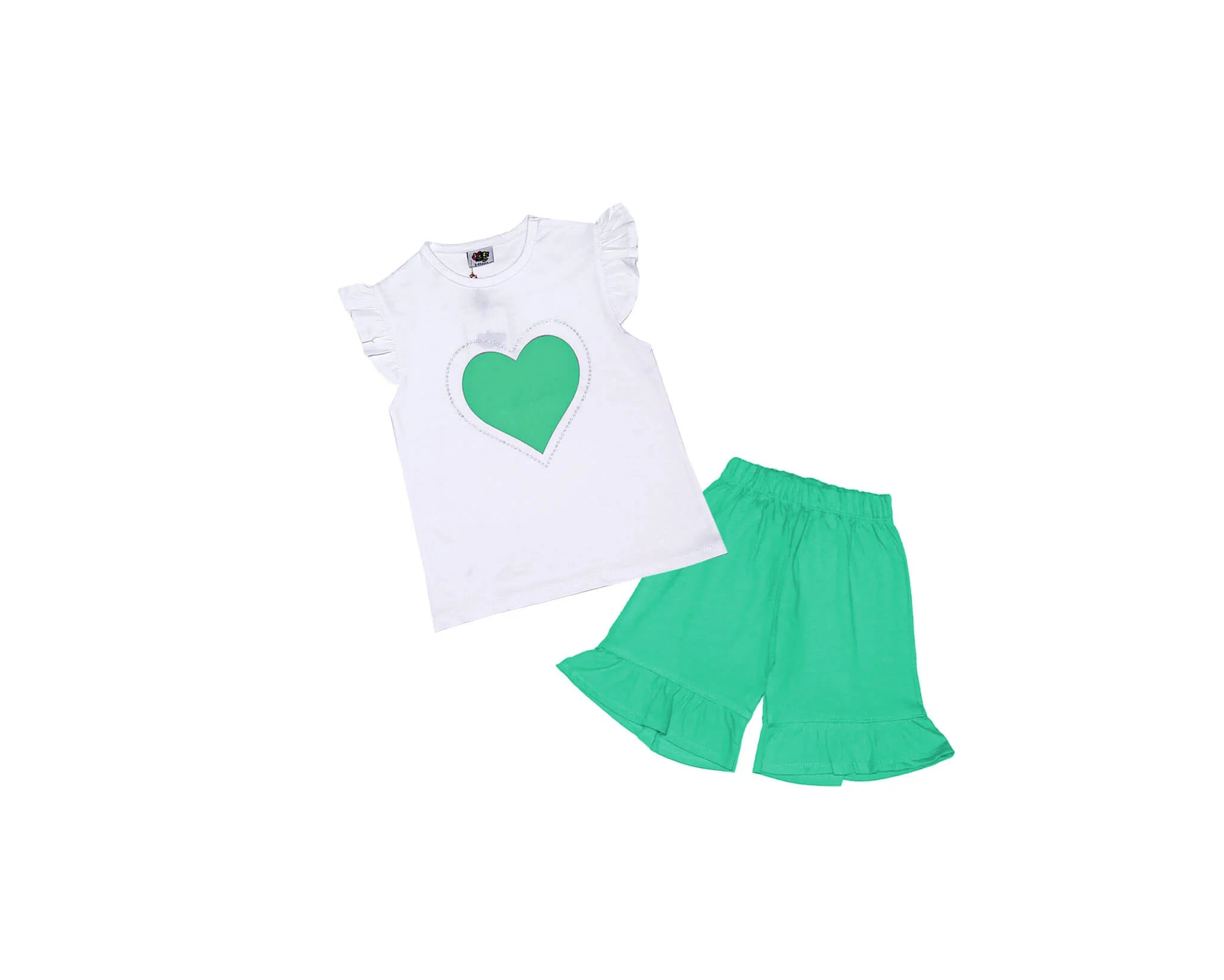 Beautifull Heart Frill Tee Shirt & Frill Hem Short - White Sea Green