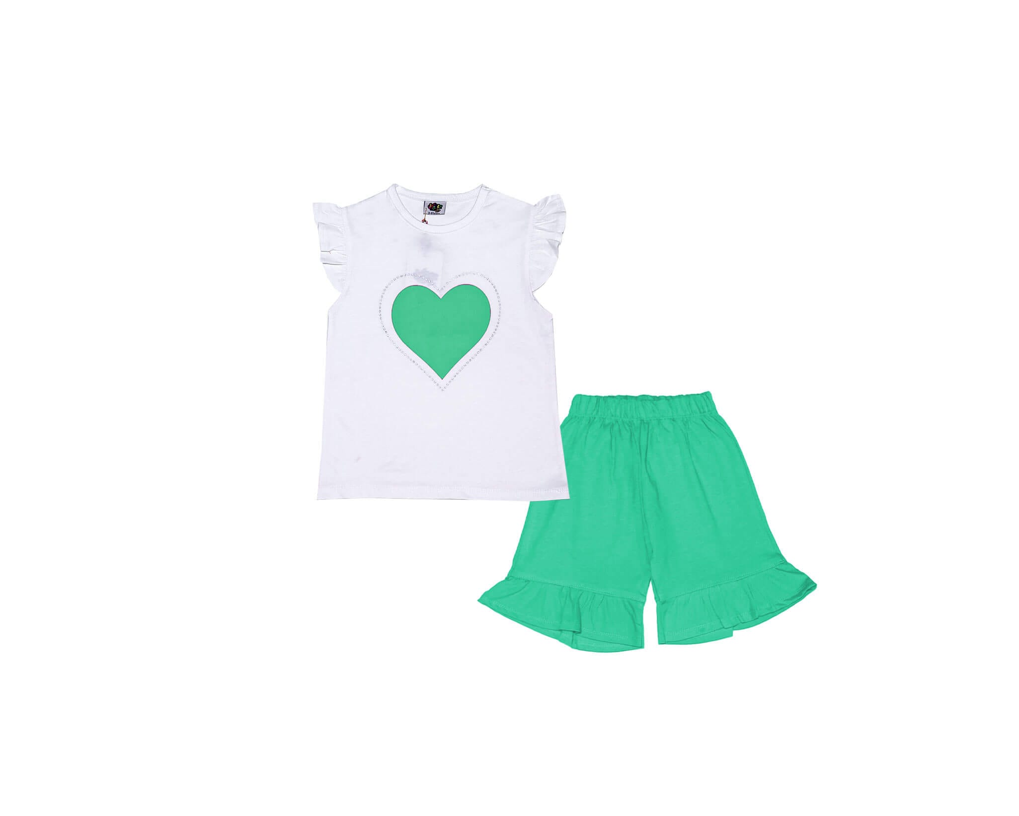 Beautifull Heart Frill Tee Shirt & Frill Hem Short - White Sea Green