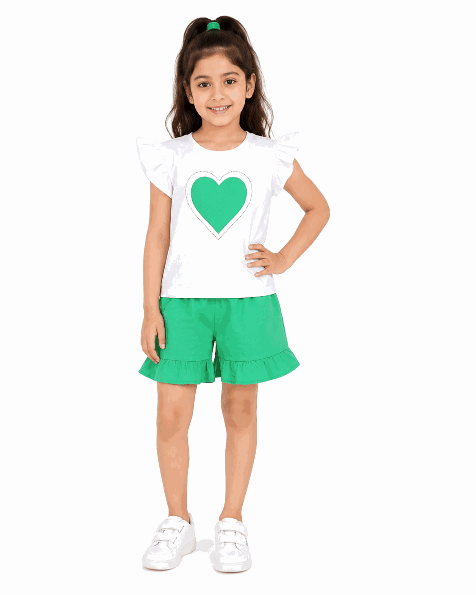 Beautifull Hearts Frill Tee Shirt & Frill Hem Short -White Green