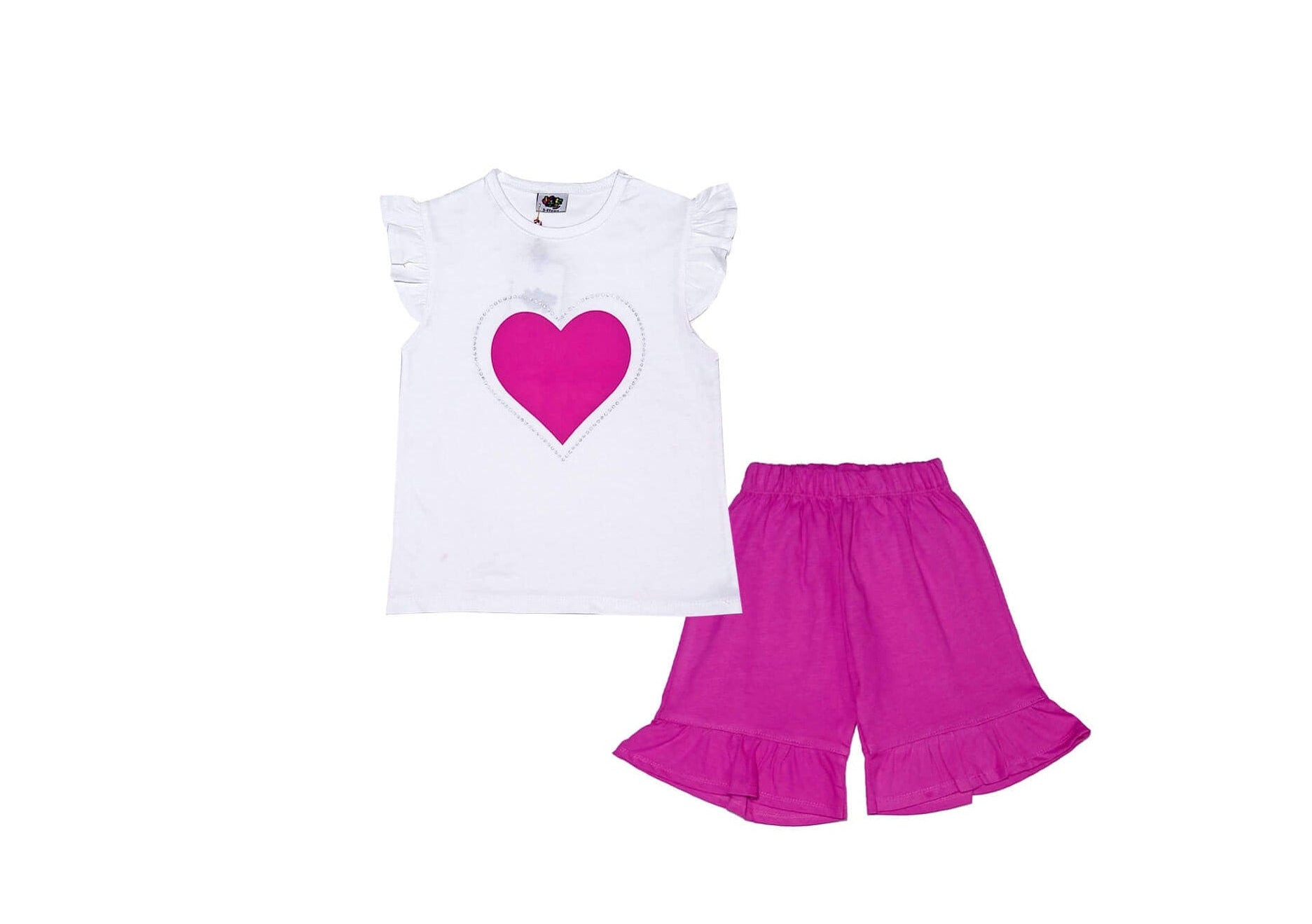 Beautifull Hearts Frill Tee Shirt & Frill Hem Short -White Maganta