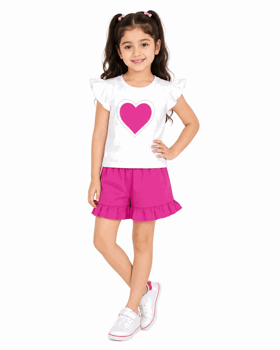 Beautifull Hearts Frill Tee Shirt & Frill Hem Short -White Maganta