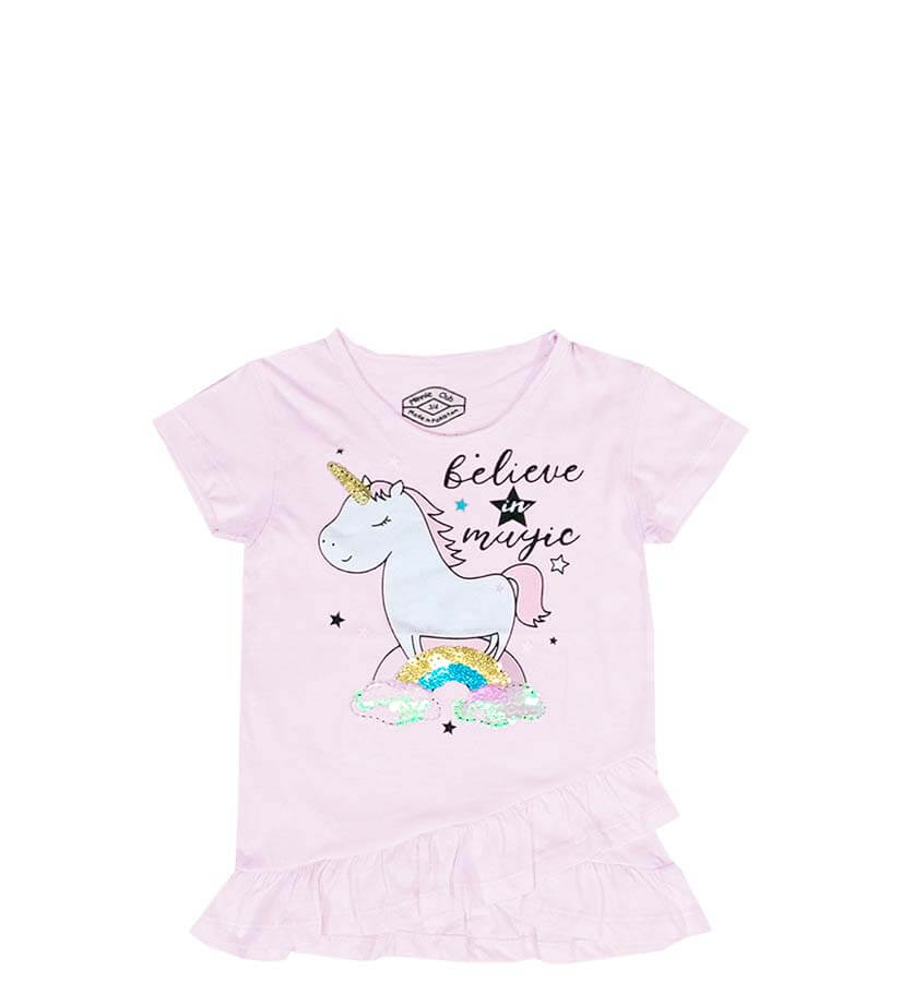 Believe In Magic Sequence Unicorn Tee Shirt - Baby Pink