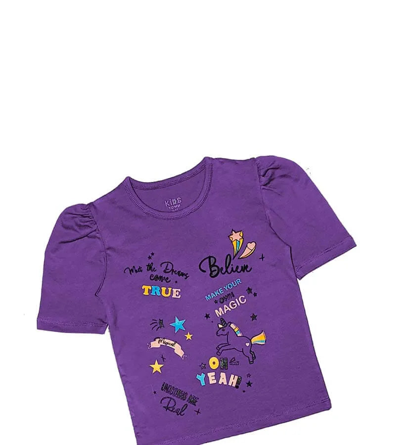 Believe Magic Unicorn Puff Sleeves Tee Shirt - Purple