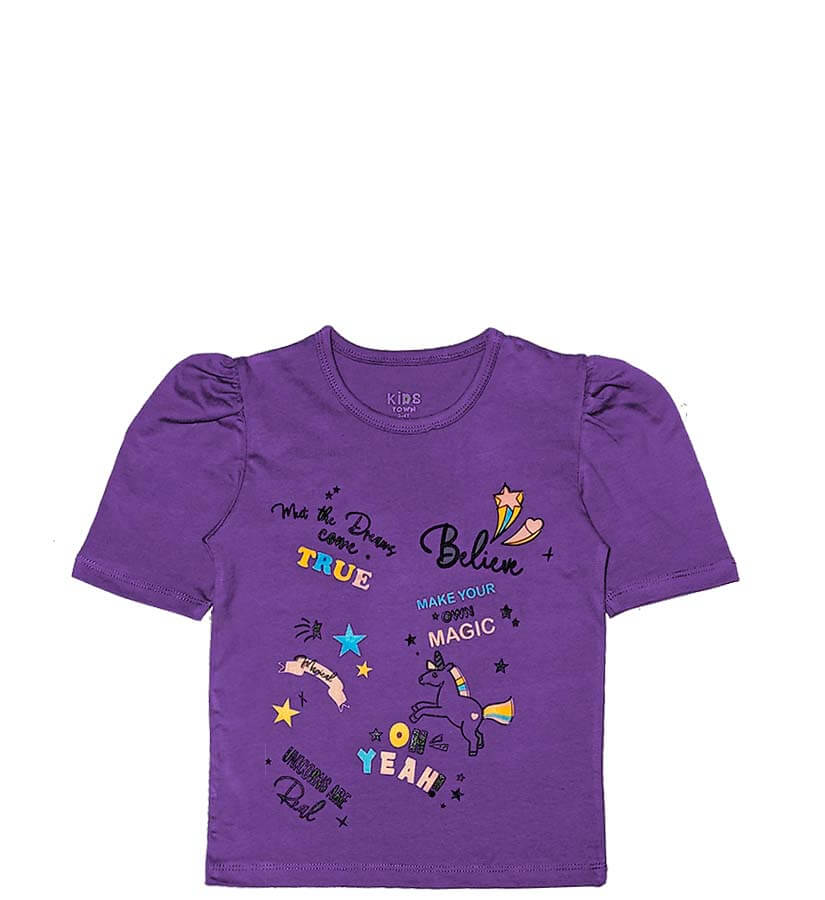 Believe Magic Unicorn Puff Sleeves Tee Shirt - Purple