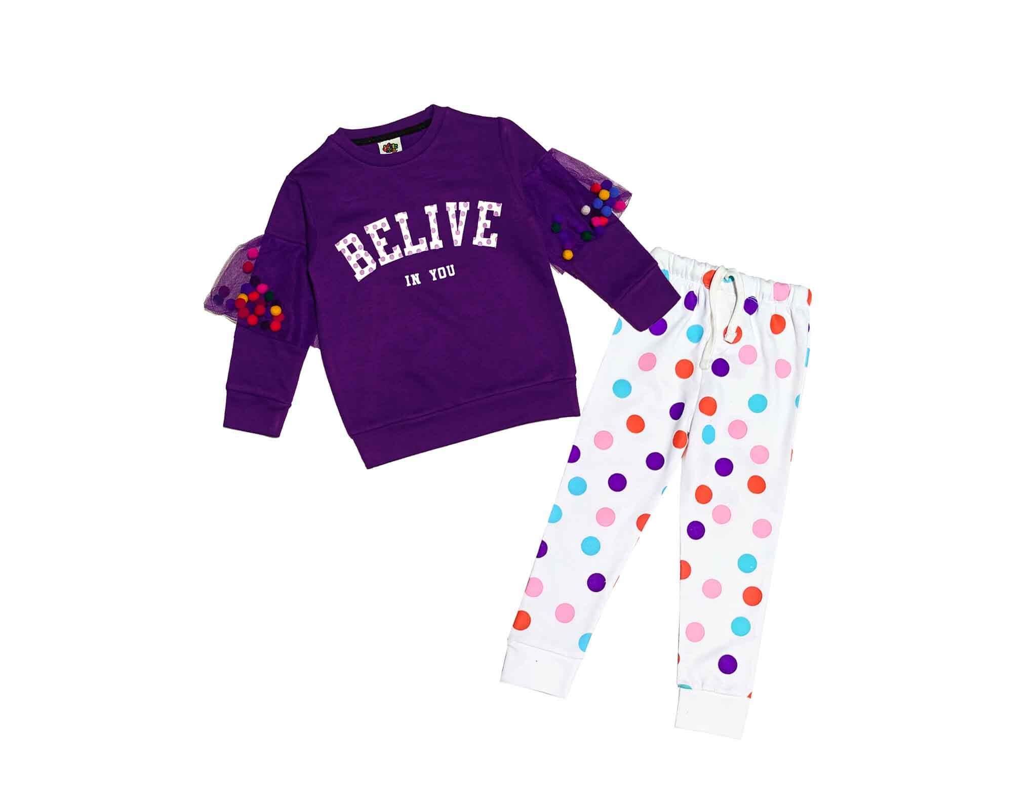 Belive in Love Colorfull Balls Fleece Tracksuit - Purple &amp; White