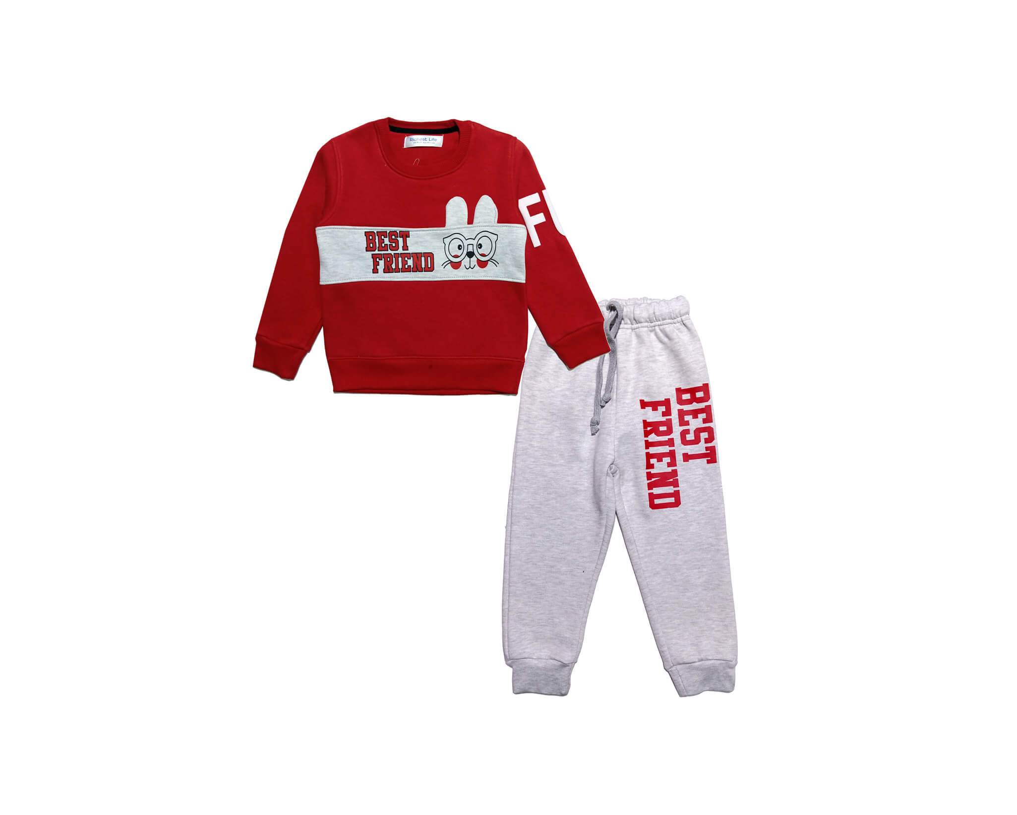 Best Friend Bunny Fleece Tracksuit - Red &amp; Heather Grey