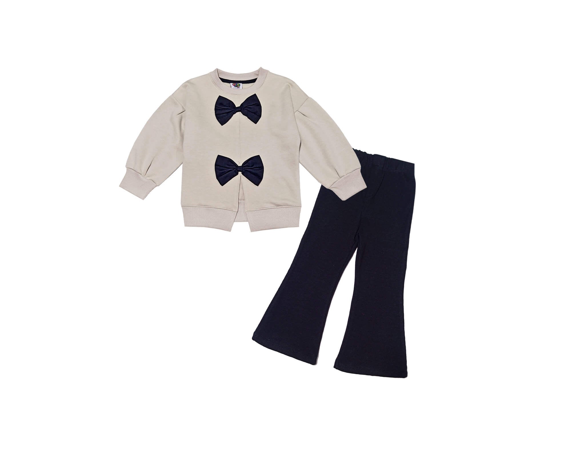 Black Bow Baggy Sleevs Fleece Sweatshirt &amp; Rib Bell Bottom Trouser - Skin &amp; Black