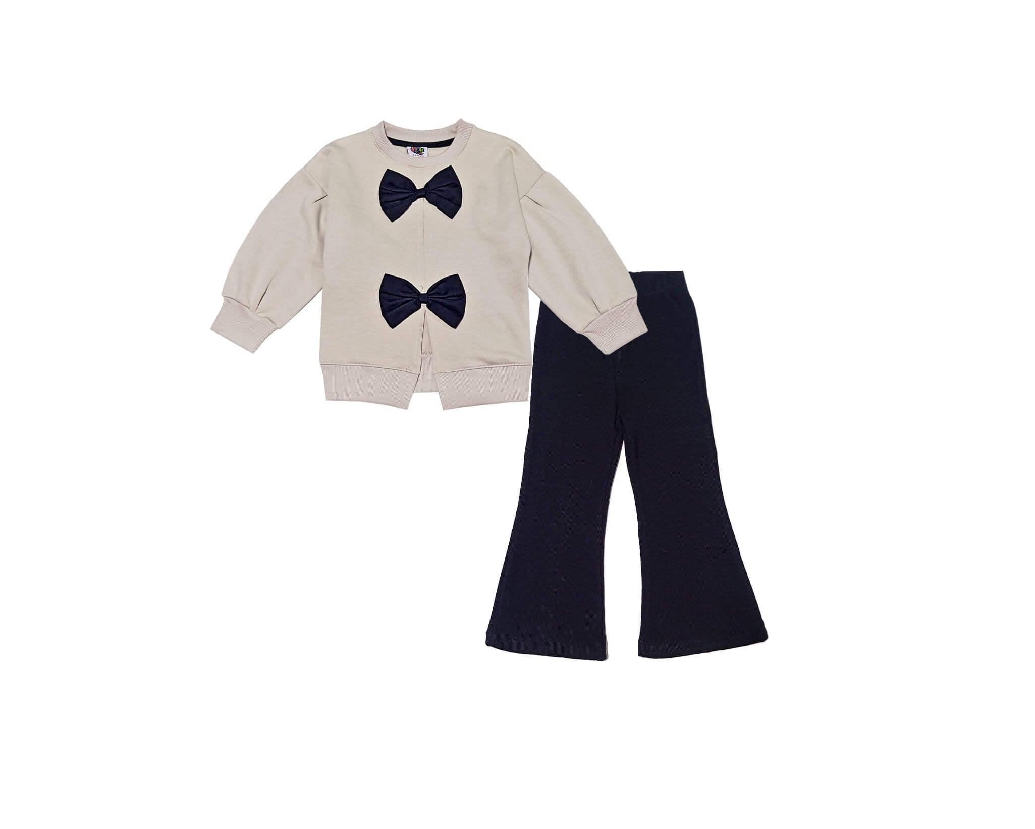 Black Bow Baggy Sleevs Fleece Sweatshirt &amp; Rib Bell Bottom Trouser - Skin &amp; Black