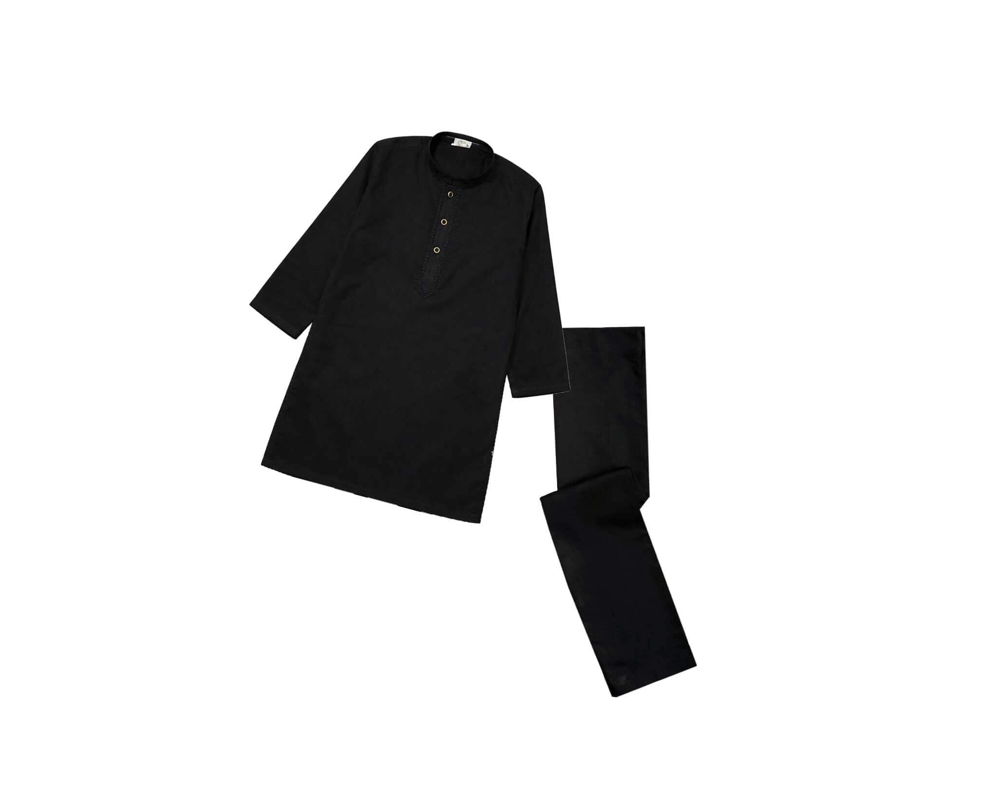 Black Embroidered Cotton Kurta &amp; Trouser Set – Black