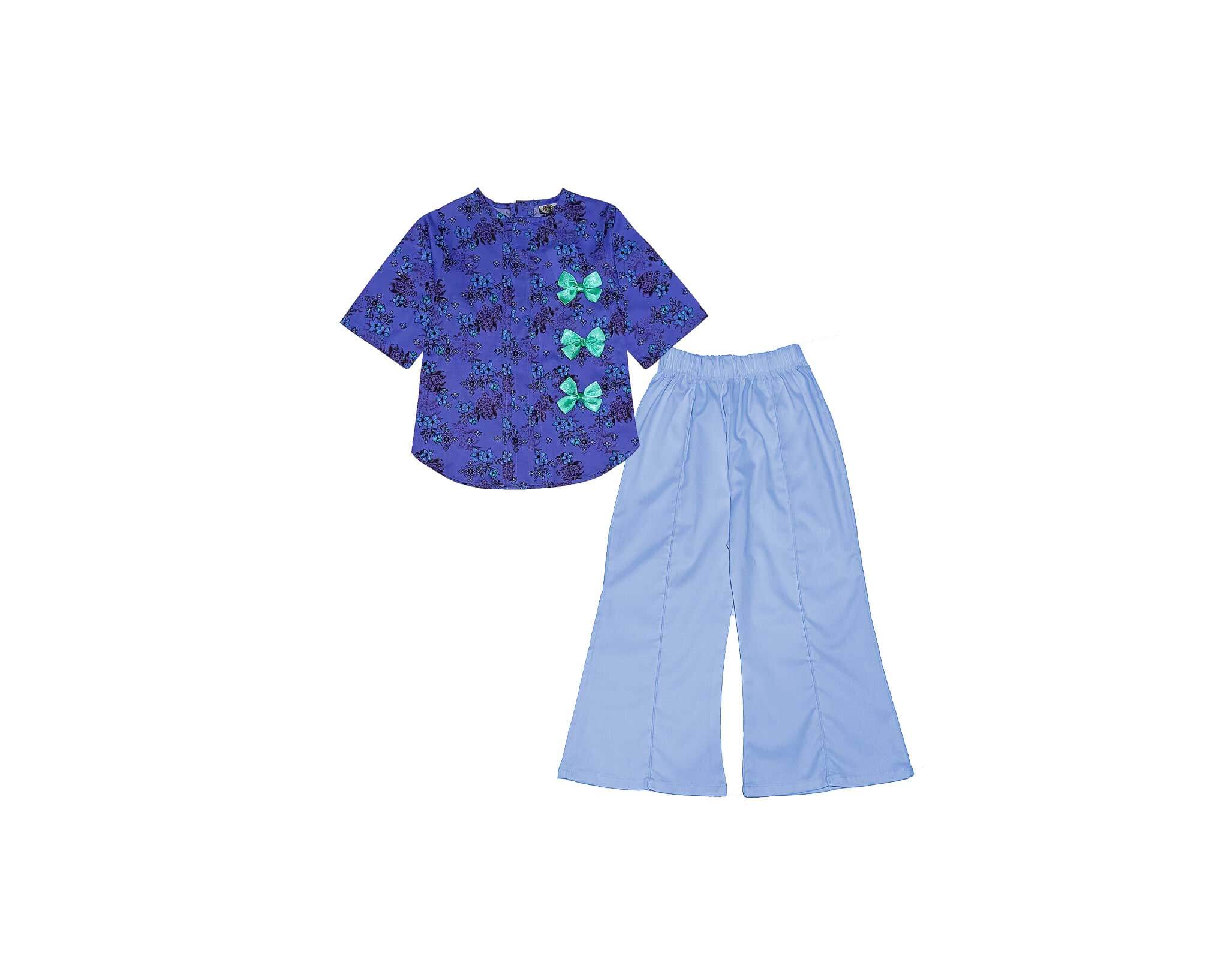Black Flowers Pleatts Top With Flapper Trouser - Ink Blue &amp; Light Blue