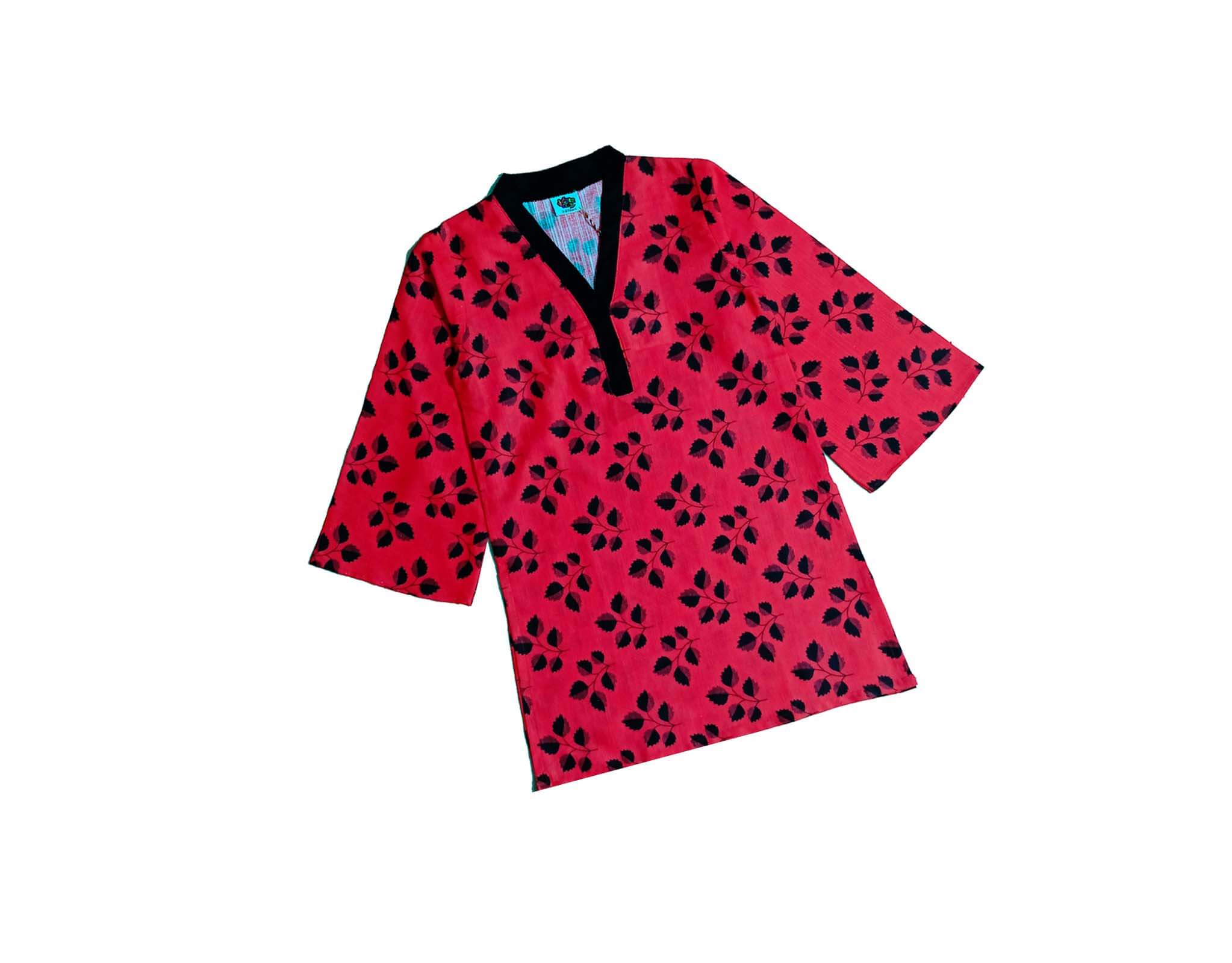 Black Leaf Flapper Sleeves Khaddar Kurti - Red