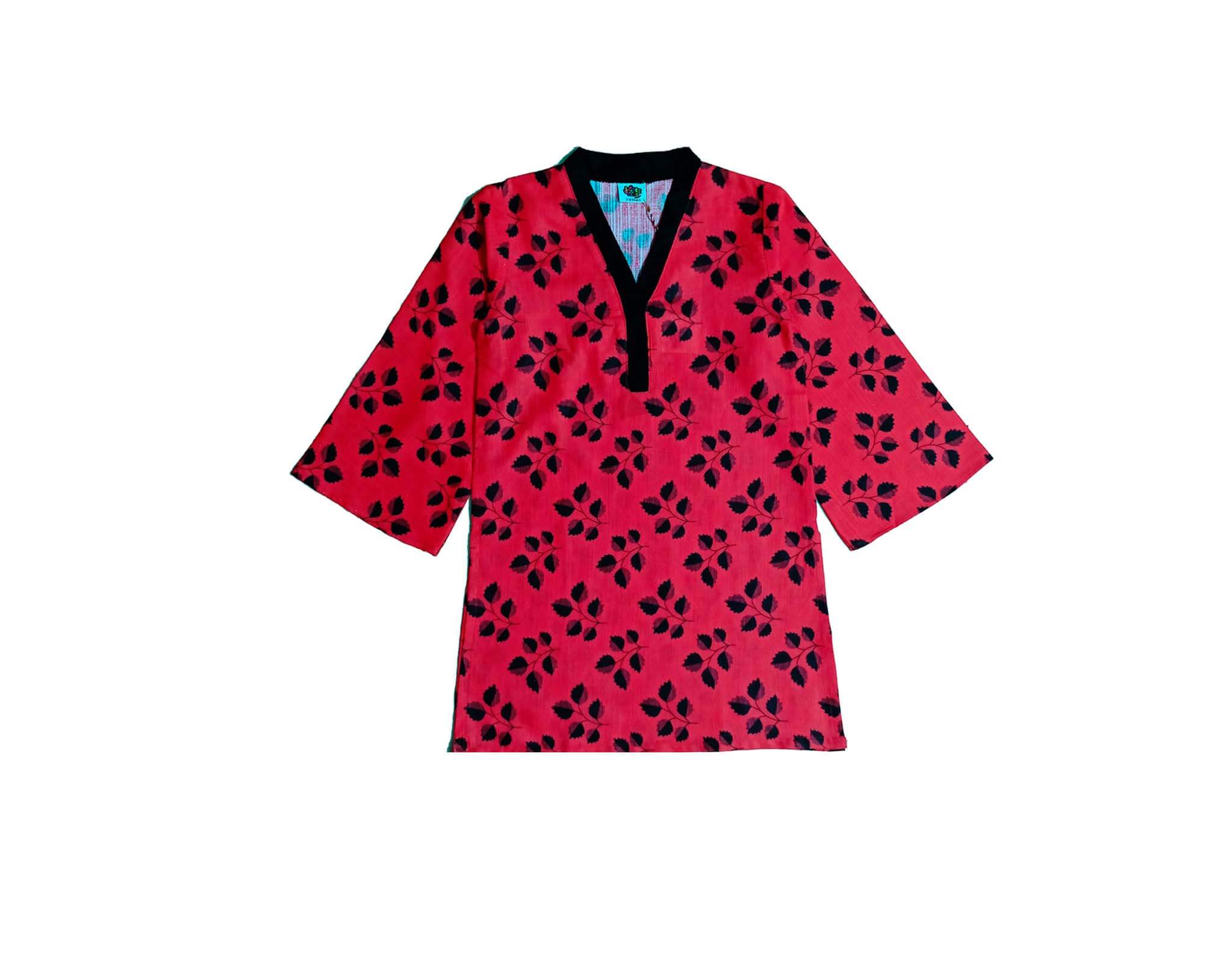 Black Leaf Flapper Sleeves Khaddar Kurti - Red