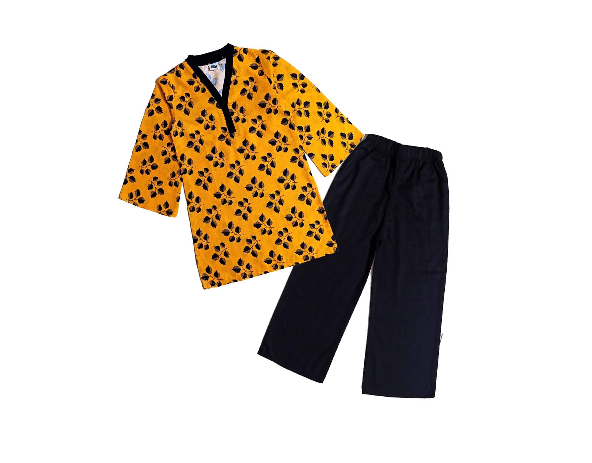 Black Leaf Flapper Sleeves Khaddar Kurti & Trouser - Mustard & Black