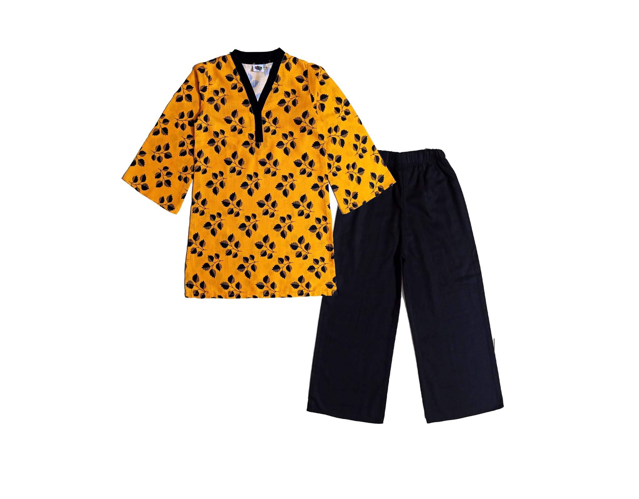 Black Leaf Flapper Sleeves Khaddar Kurti & Trouser - Mustard & Black