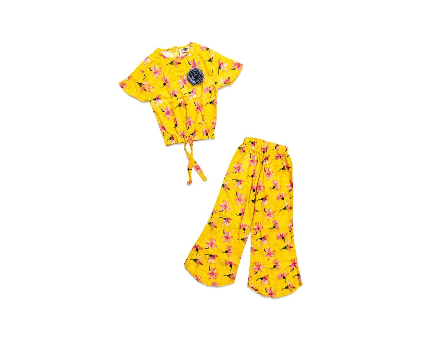 Black 3D Flower Fish Cut Top & Flapper Trouser - Yellow