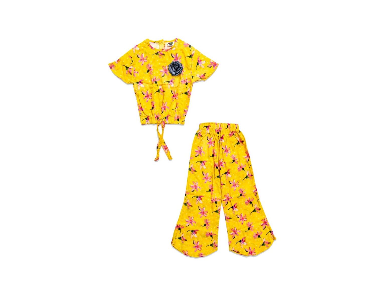 Black 3D Flower Fish Cut Top & Flapper Trouser - Yellow