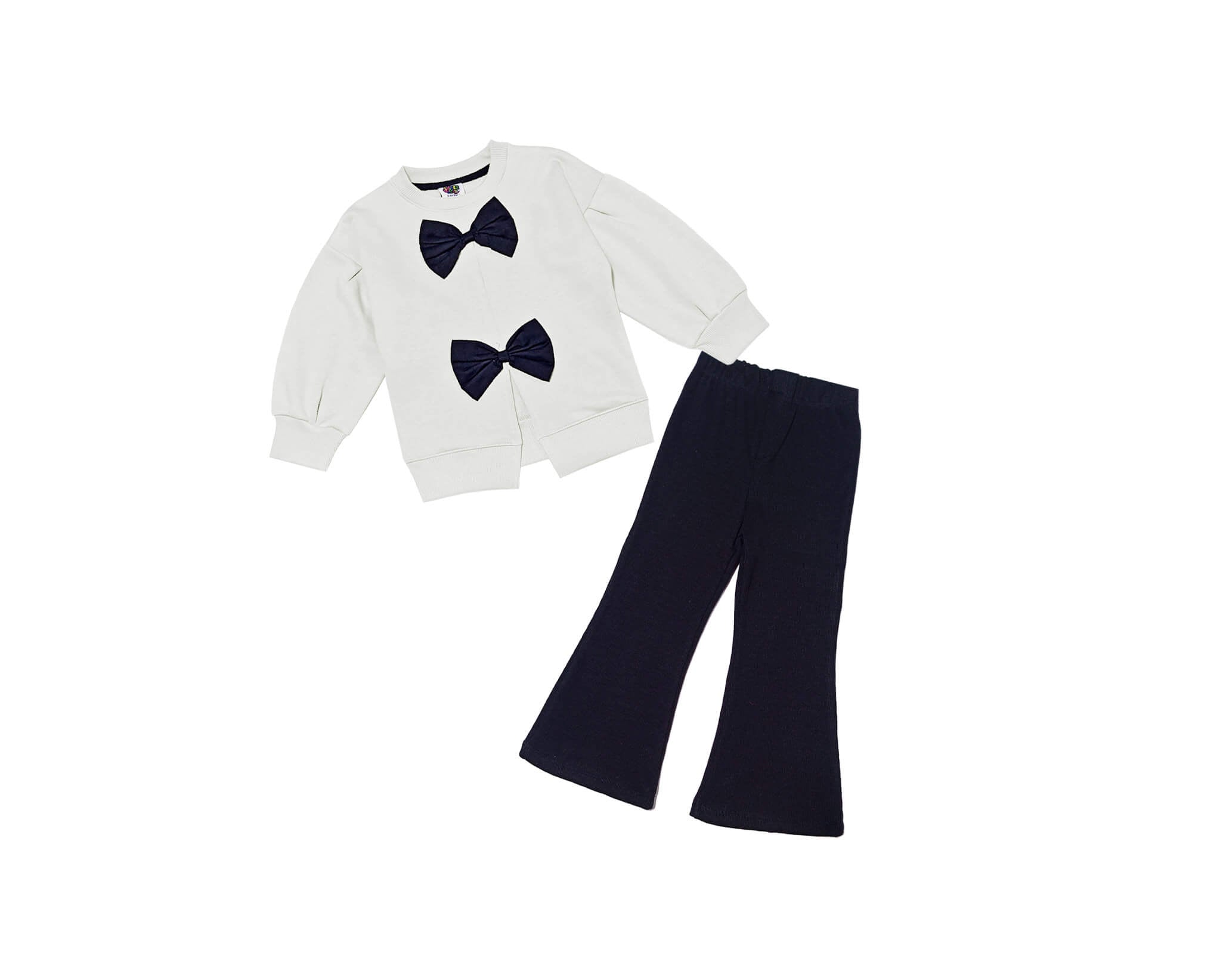 Black Bow Baggy Sleevs Fleece Sweatshirt & Rib Bell Bottom Trouser - Off White & Black-1