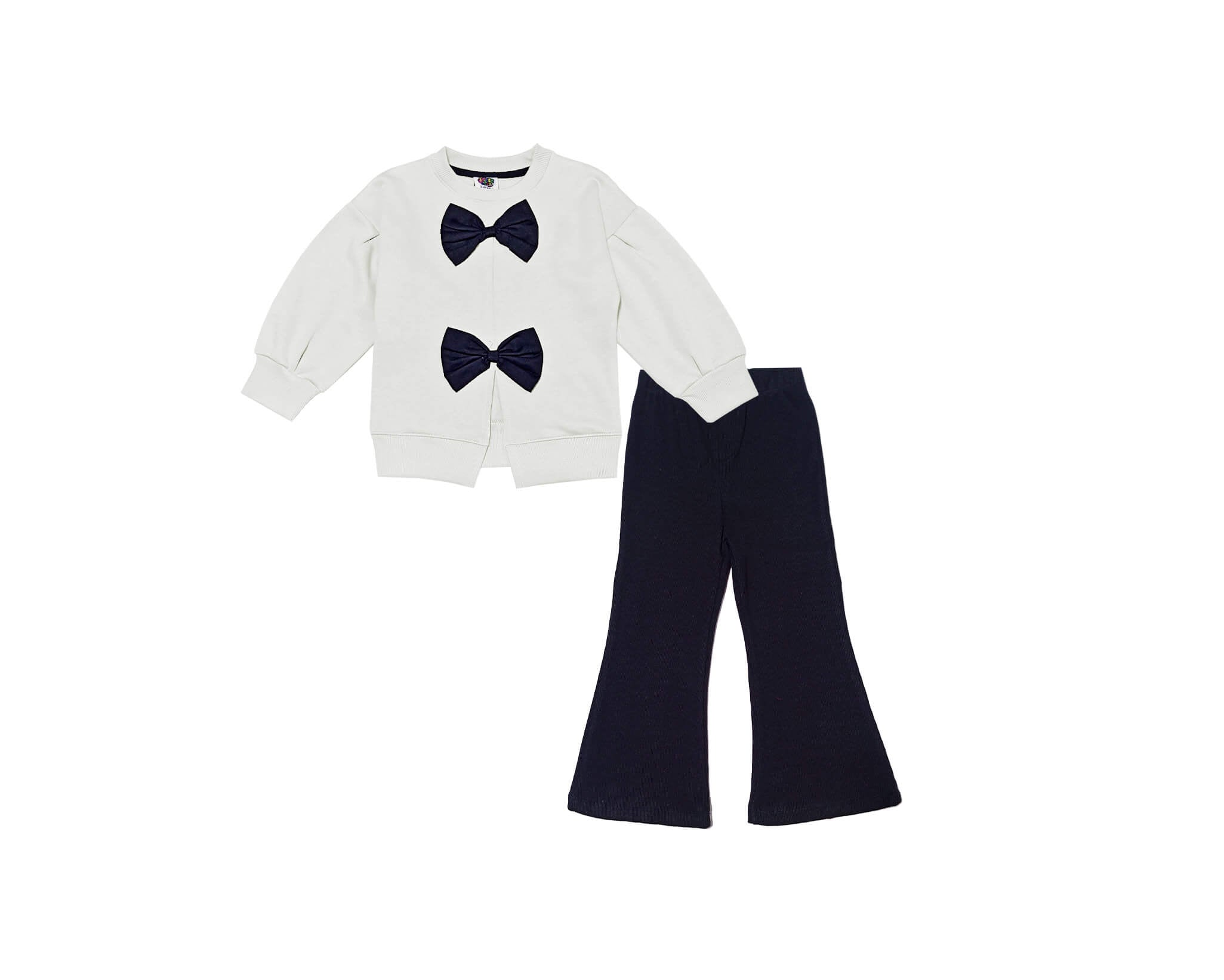 Black Bow Baggy Sleevs Fleece Sweatshirt & Rib Bell Bottom Trouser - Off White & Black