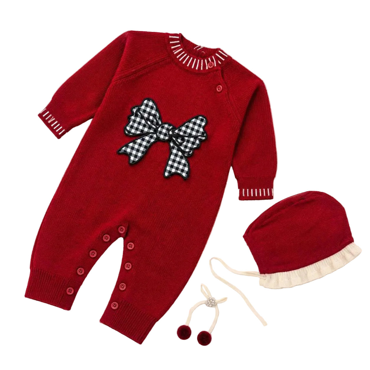 Black Bow Wool Dungaree Suit with Cap - Burgundy