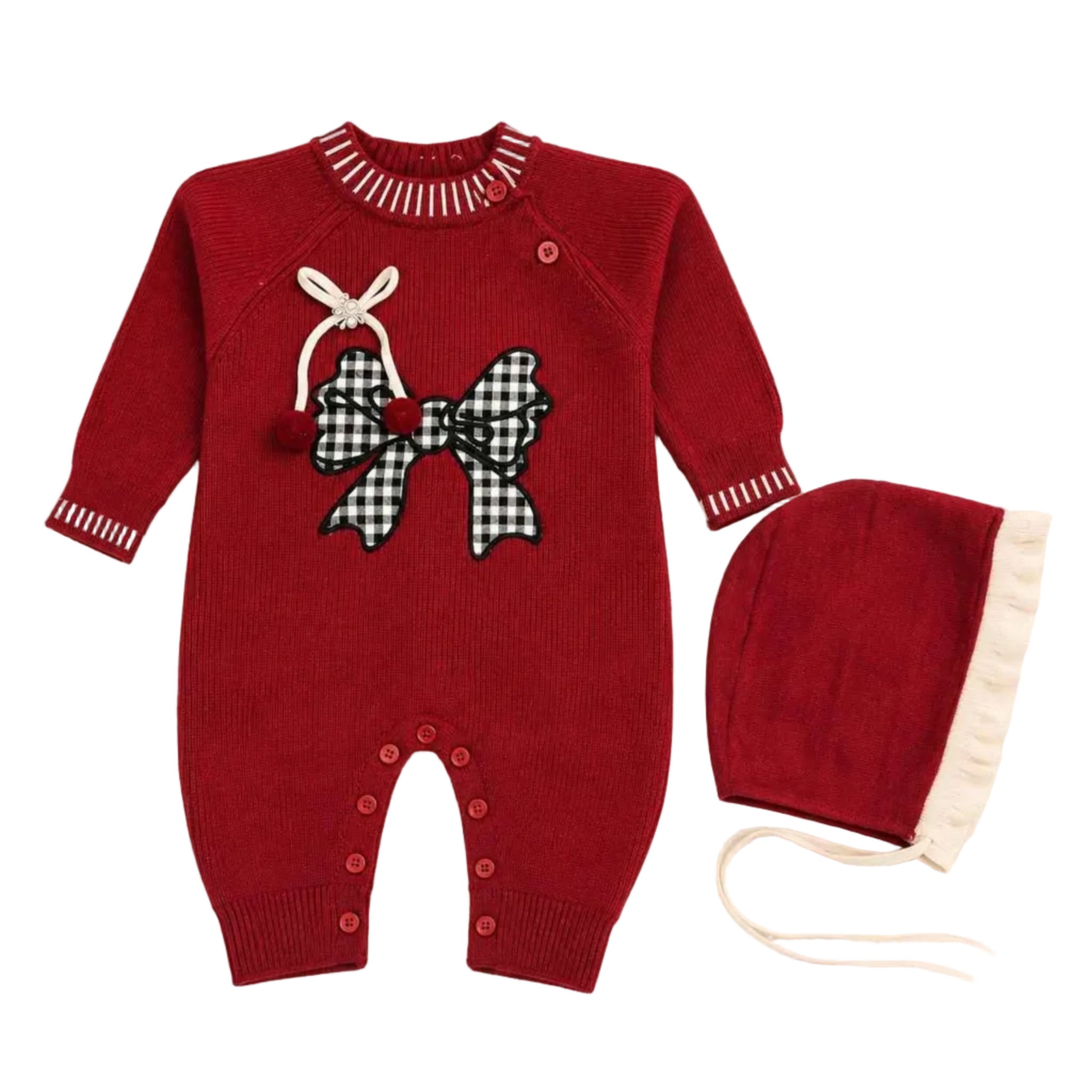 Black Bow Wool Dungaree Suit with Cap - Burgundy