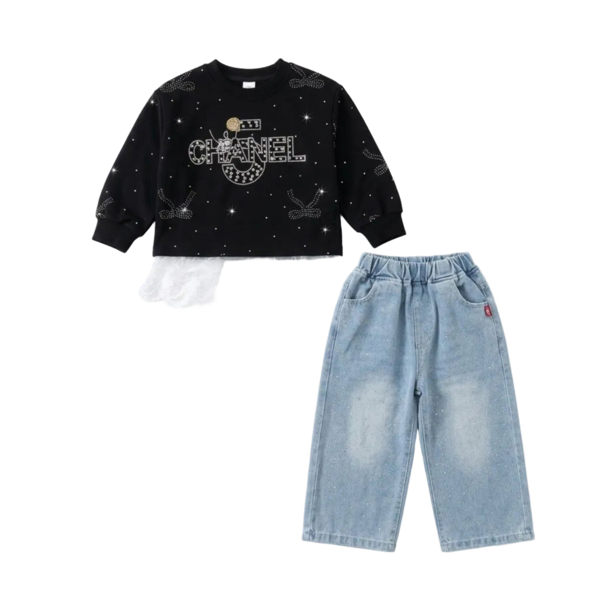 Black Crystal Sweatshirt with Wide-Leg Jeans-Black