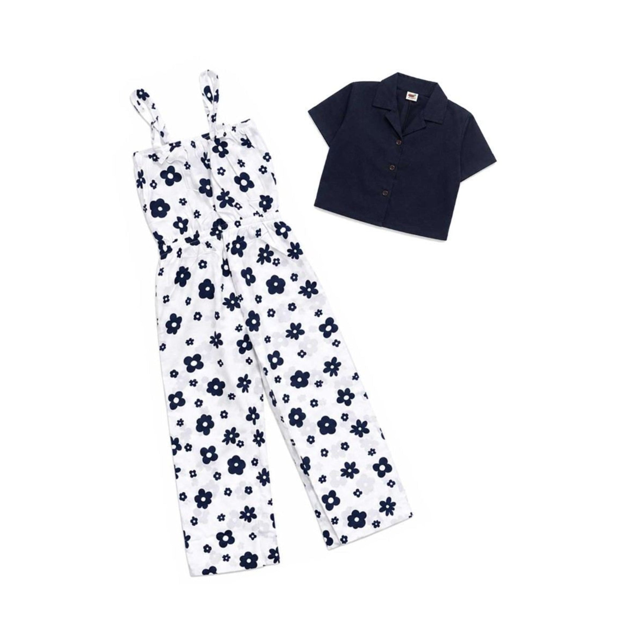 Black Flower Printed Jumpsuit with Koti - White & Black
