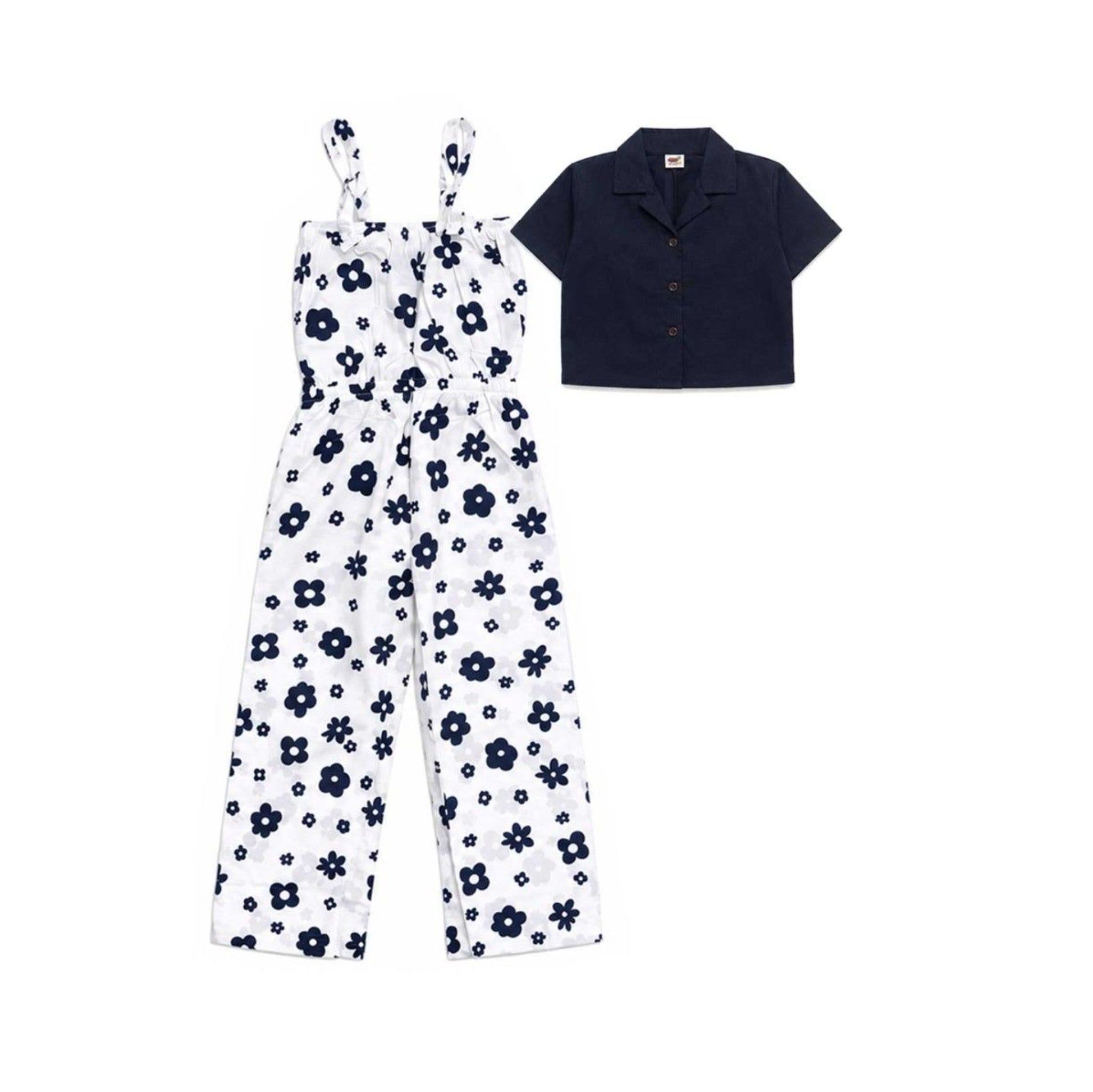 Black Flower Printed Jumpsuit with Koti - White & Black