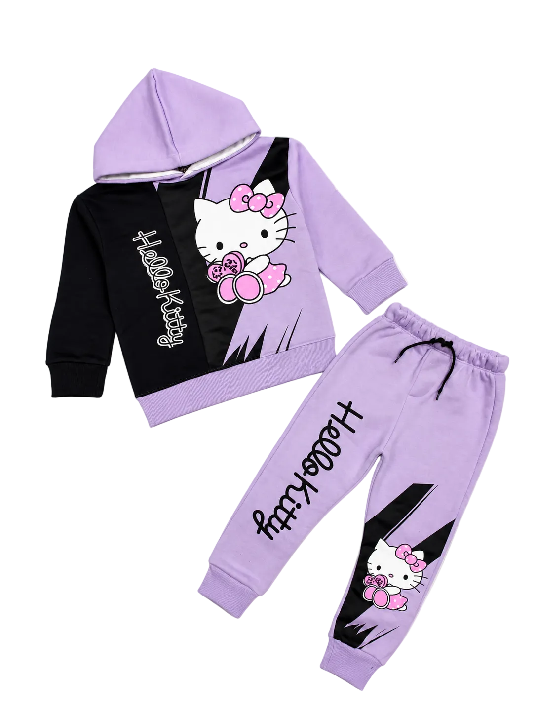 Black Penal Sleeve Hoodie Fleece Tracksuit - Soft Purple & Black-1