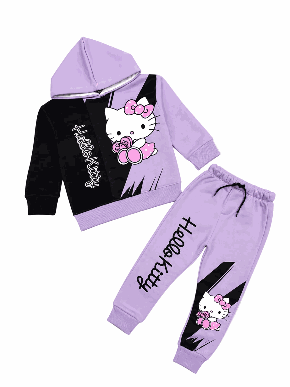 Black Penal Sleeve Hoodie Fleece Tracksuit - Soft Purple & Black-1