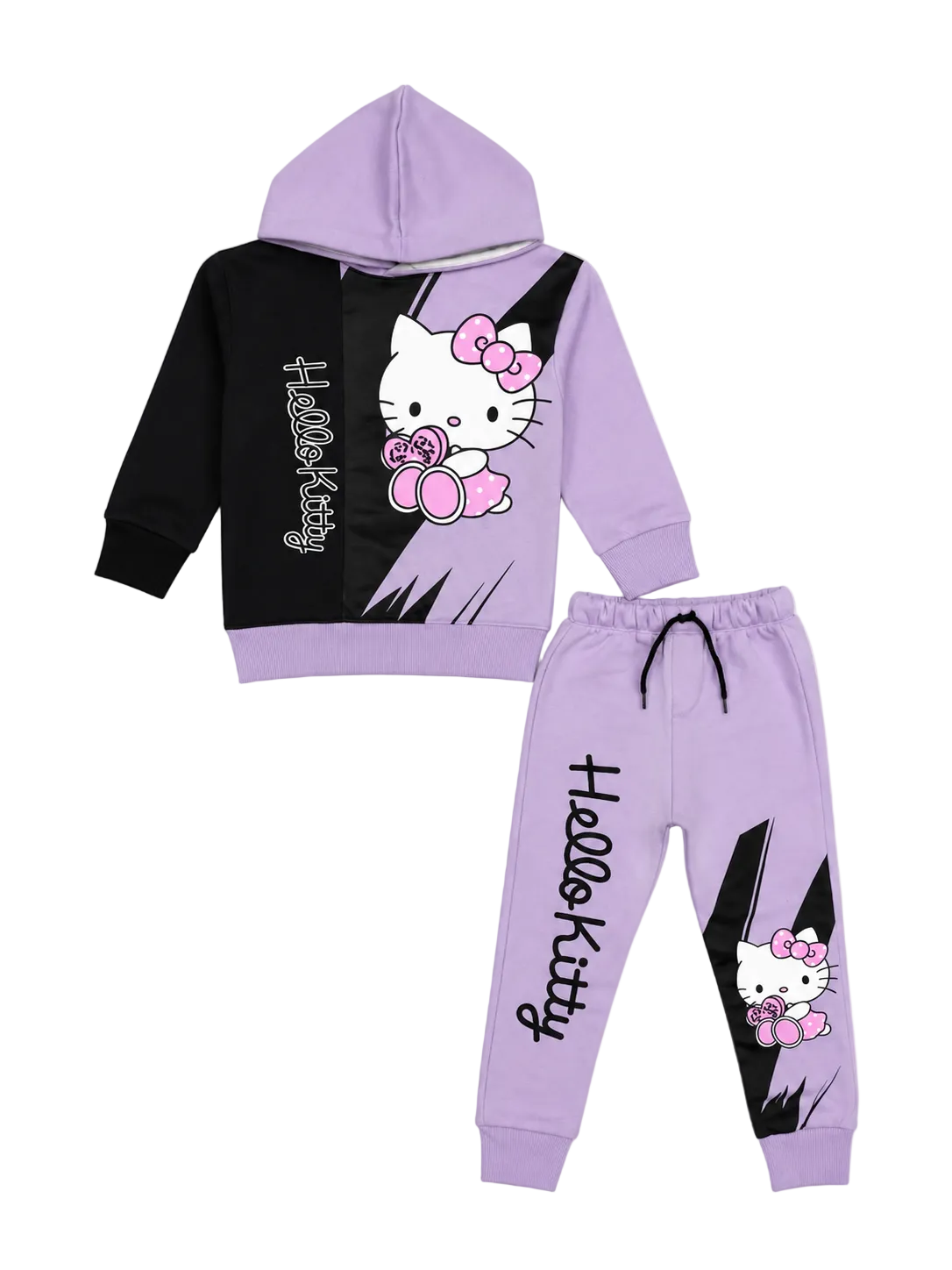 Black Penal Sleeve Hoodie Fleece Tracksuit - Soft Purple & Black