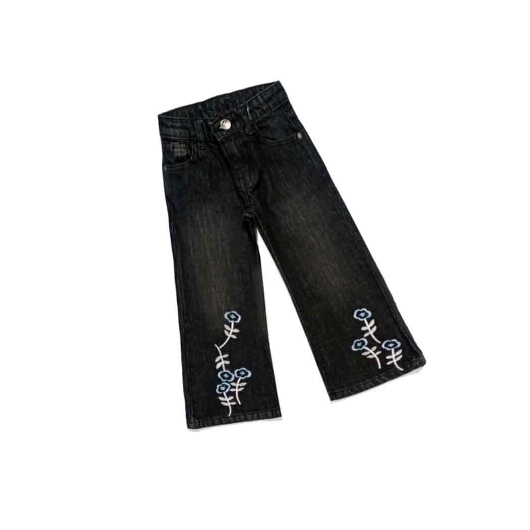Bloom White &amp; Blue Flowers Flapper Denim Pant - Charcoal