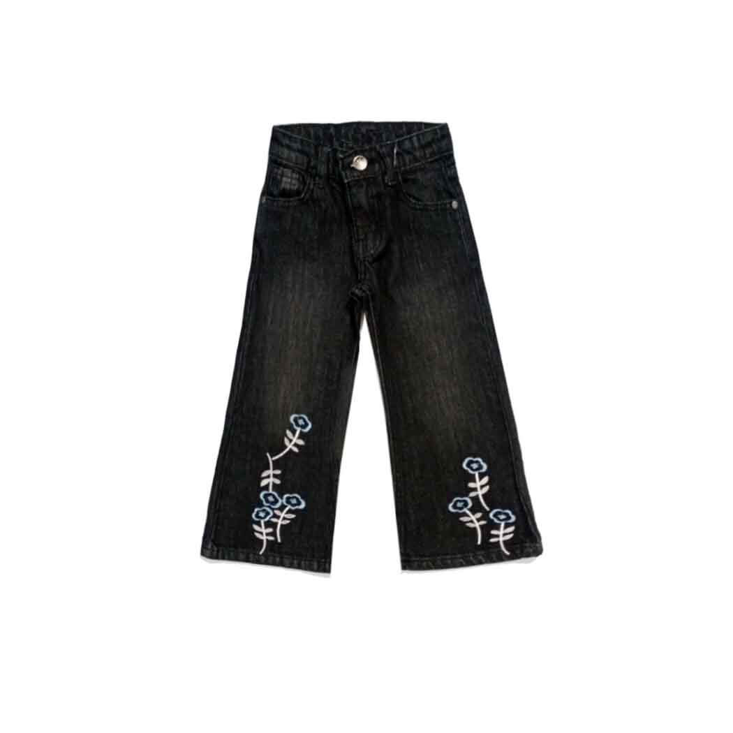 Bloom White &amp; Blue Flowers Flapper Denim Pant - Charcoal