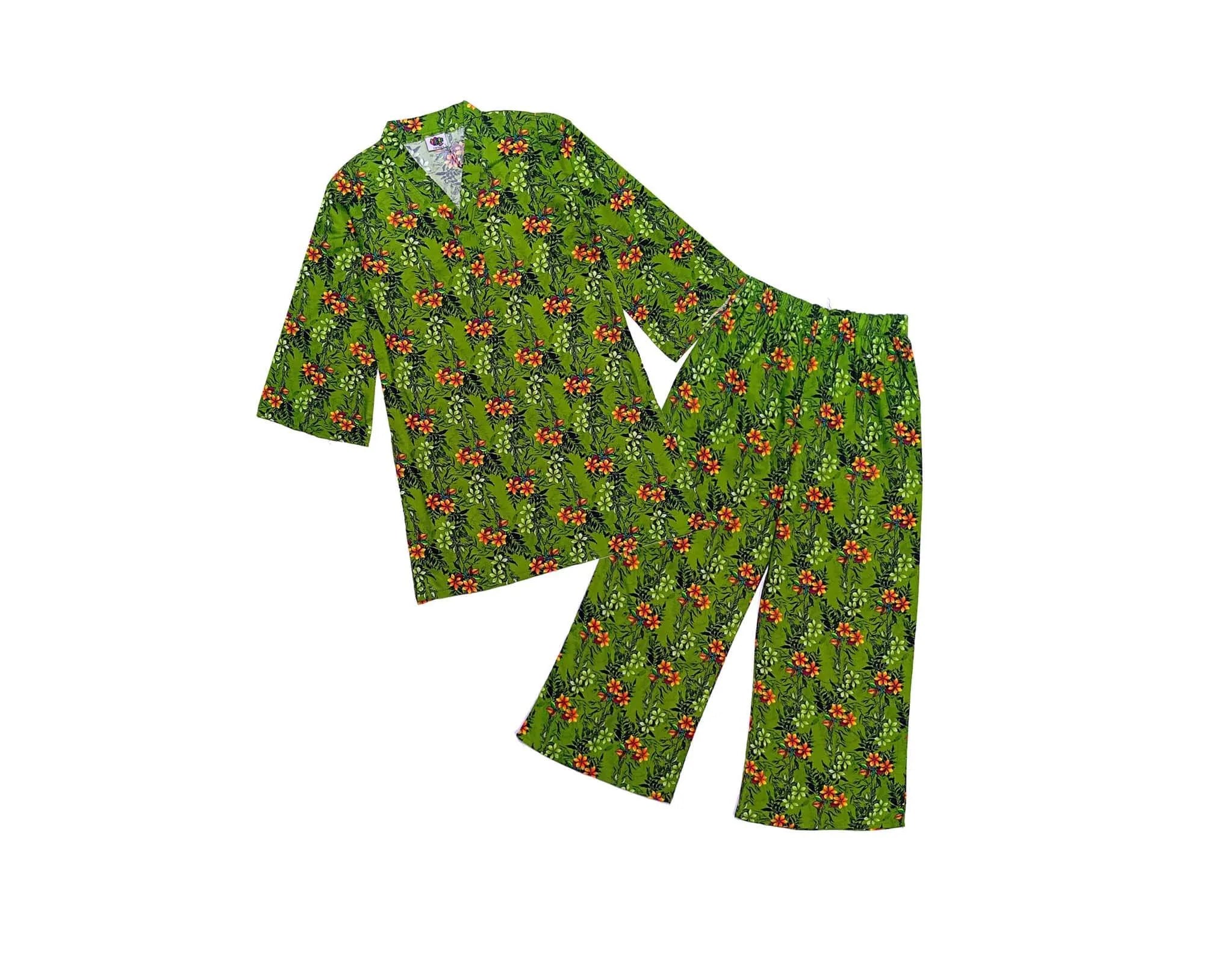 Blooming Flowesr  Flapper Sleeves Linen Kurti &amp; Trouser - Olive Green