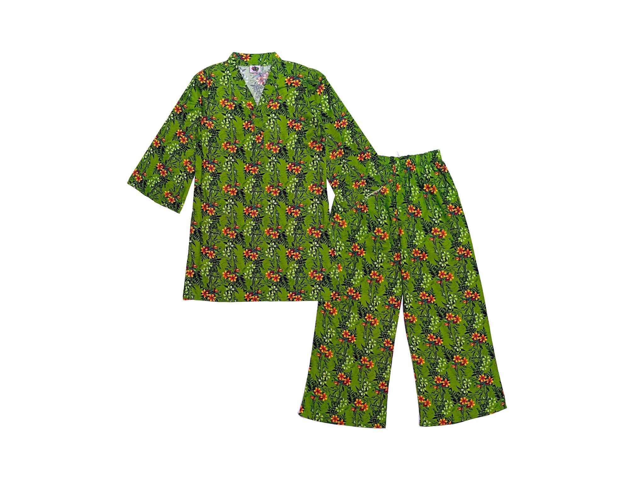 Blooming Flowesr  Flapper Sleeves Linen Kurti &amp; Trouser - Olive Green