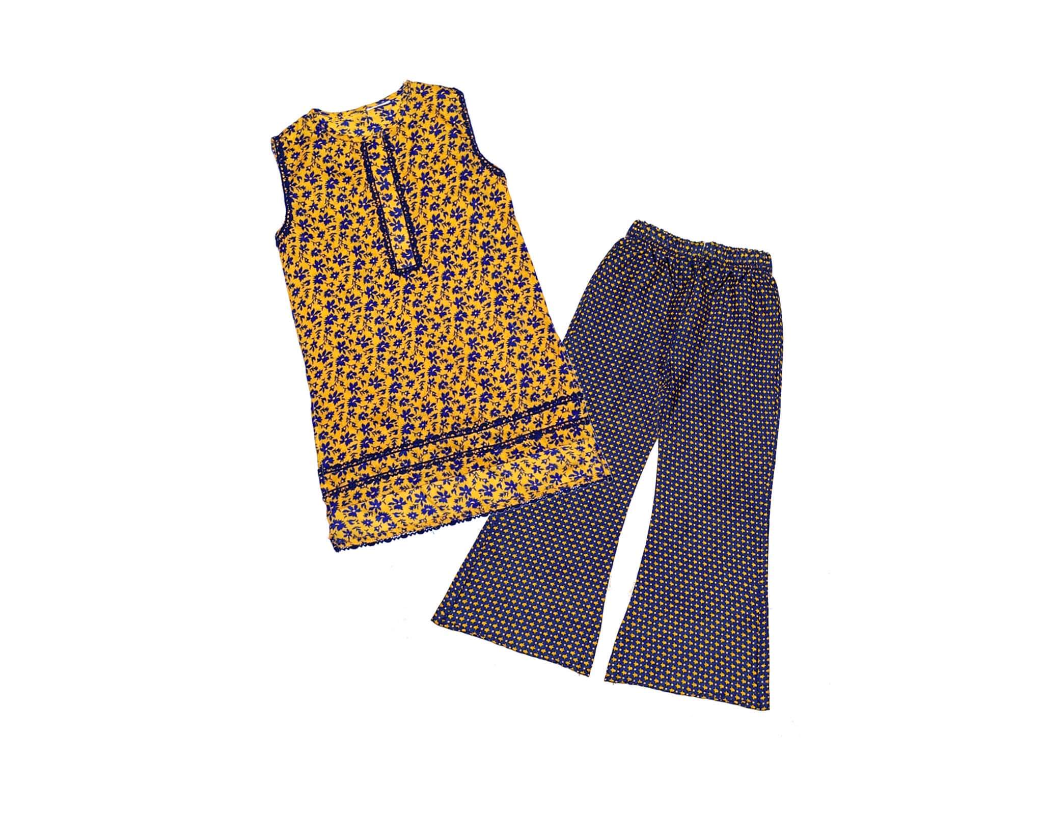 Blue Florals Lawn Kurti &amp; Flapper Trouser - Mustard