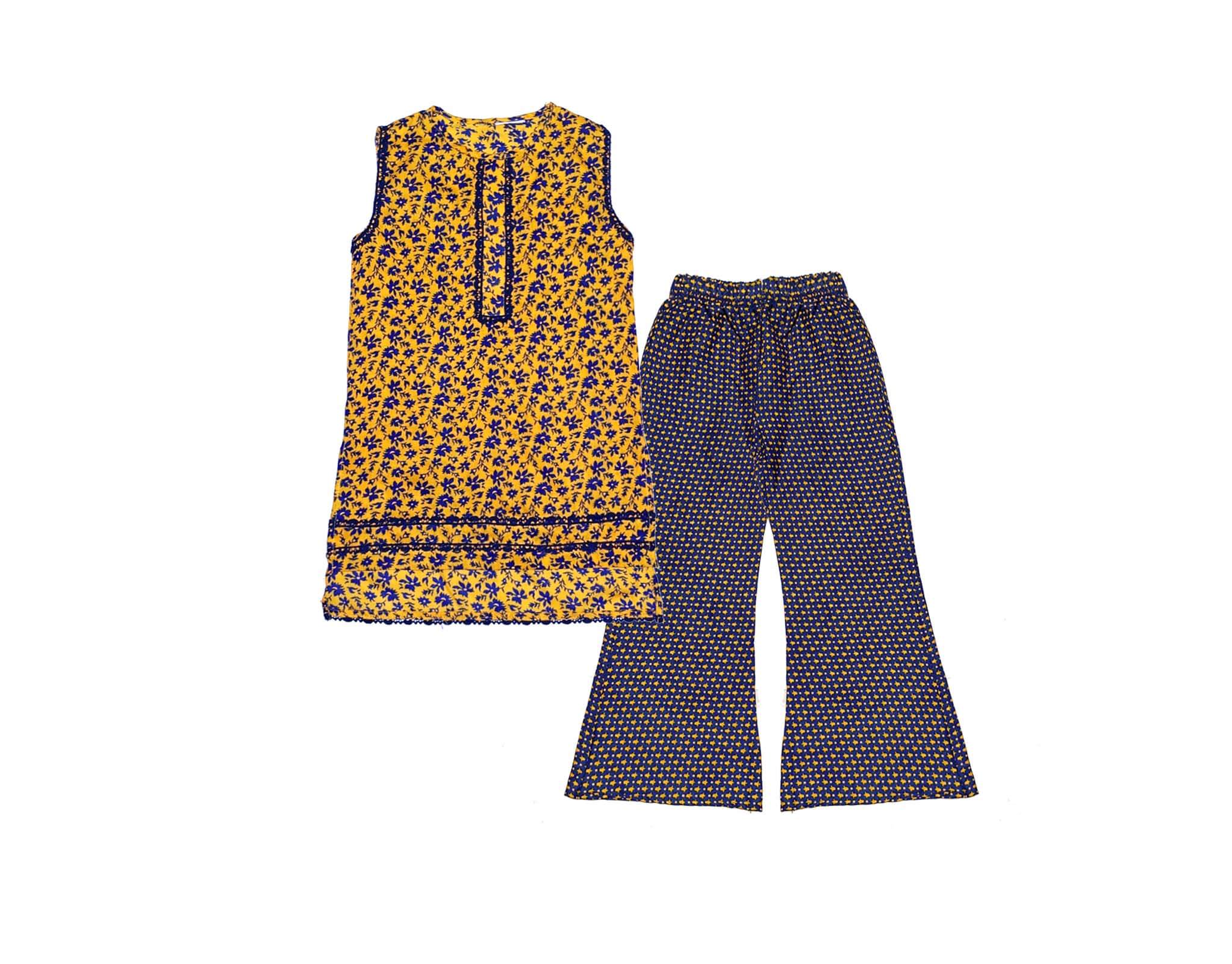 Blue Florals Lawn Kurti &amp; Flapper Trouser - Mustard