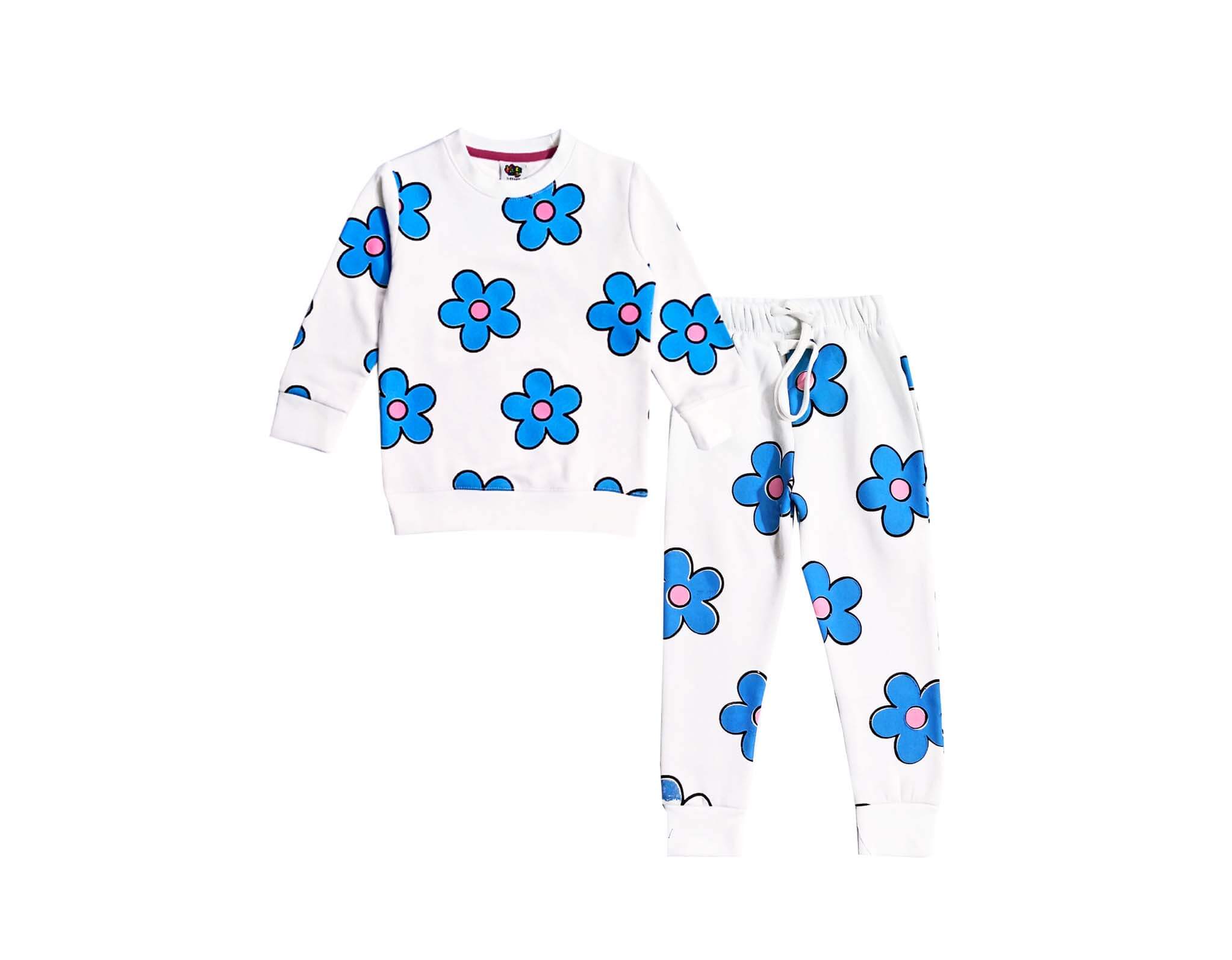 Blue Flowers Fleece Tracksuit - White