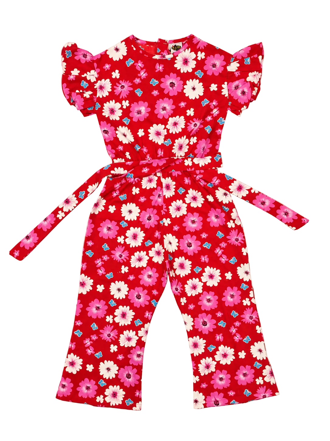 Blue Butterflies Frill Sleeves Jumpsuit - Red-1