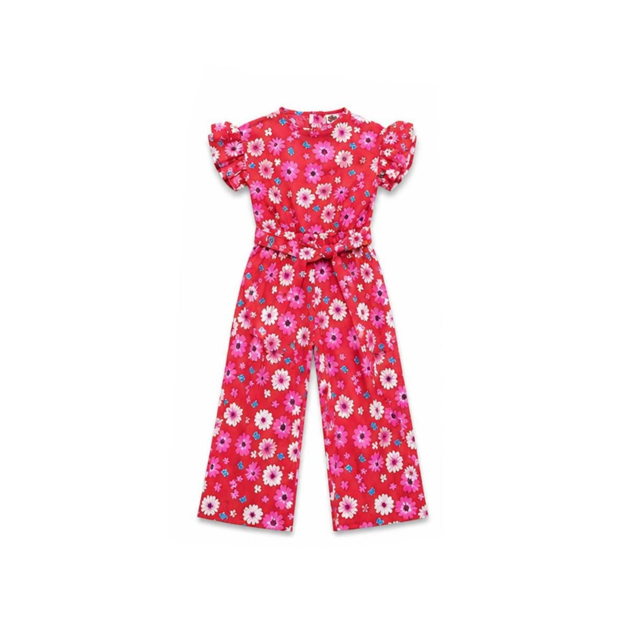 Blue Butterflies Frill Sleeves Jumpsuit - Red