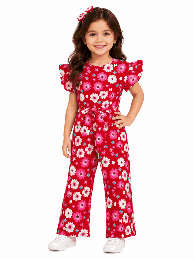 Blue Butterflies Frill Sleeves Jumpsuit - Red