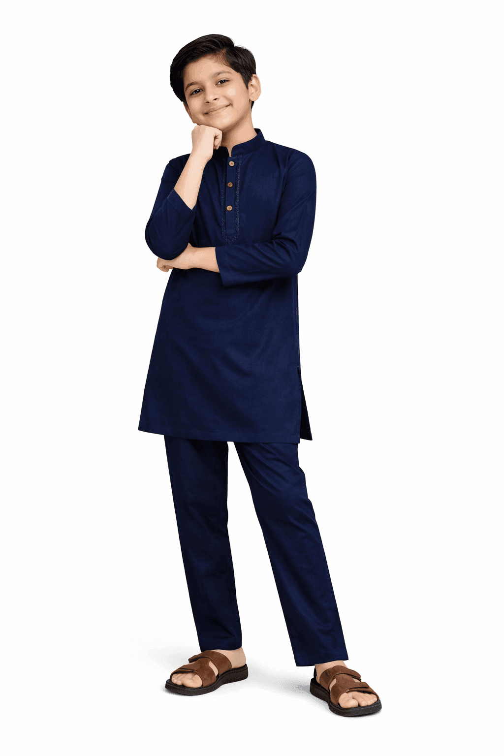 Blue Embroidered Front Style Cotton Kurta & Trouser Set – Navy Blue