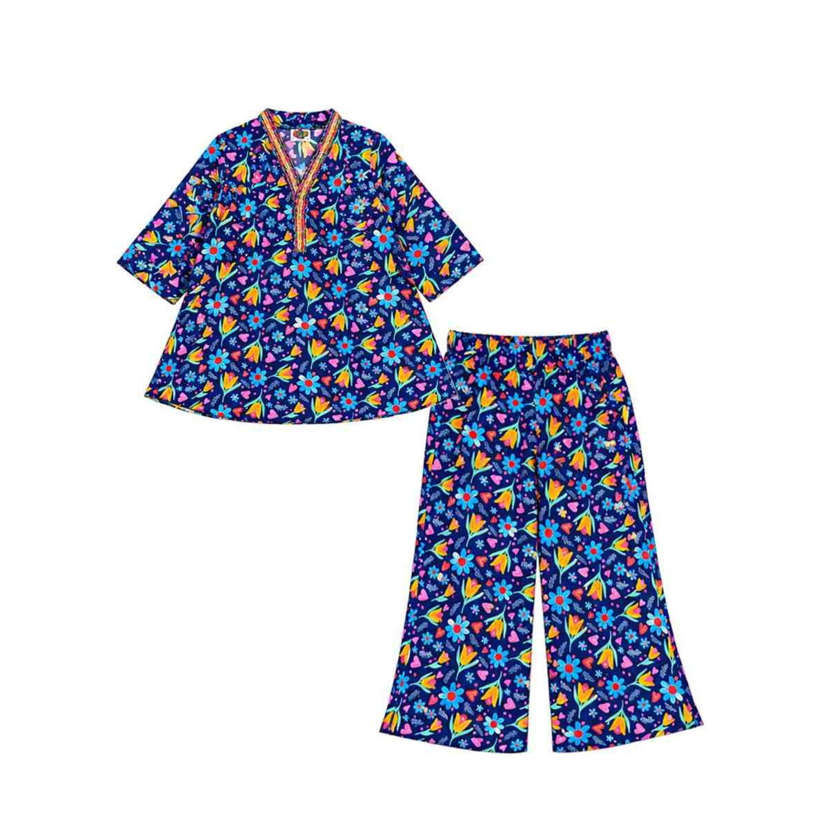 Blue Flowers Printed Cotton - Frock & Flapper Trouser - Navy Blue