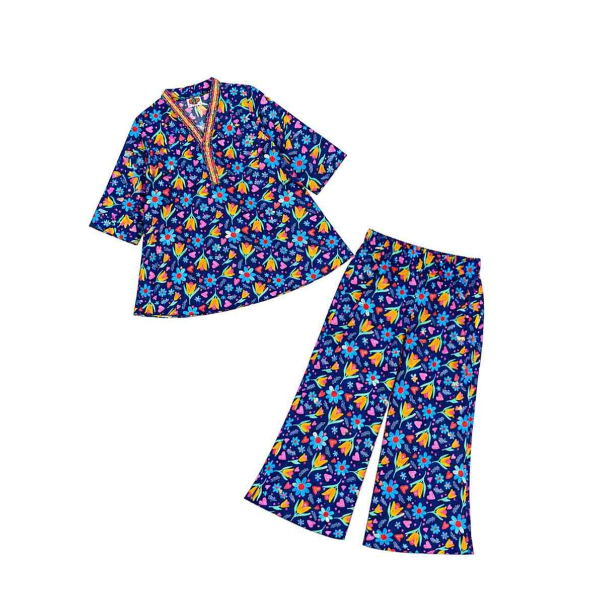 Blue Flowers Printed Cotton - Frock & Flapper Trouser - Navy Blue