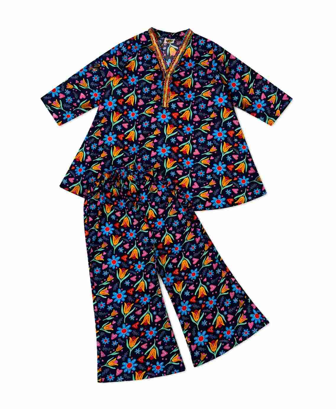 Blue Flowers Printed Frock & Flapper Trouser - Navy Blue