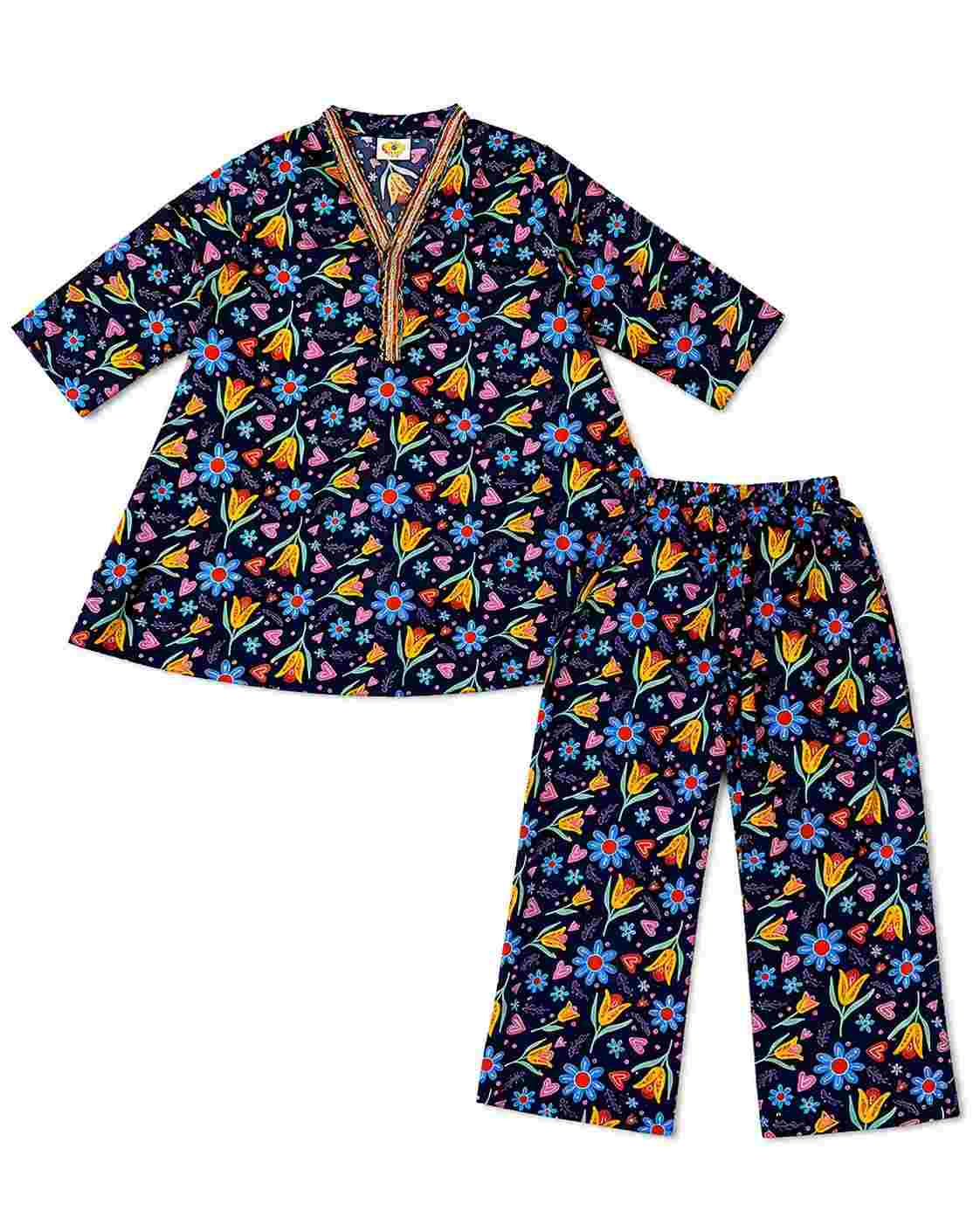 Blue Flowers Printed Frock & Flapper Trouser - Navy Blue