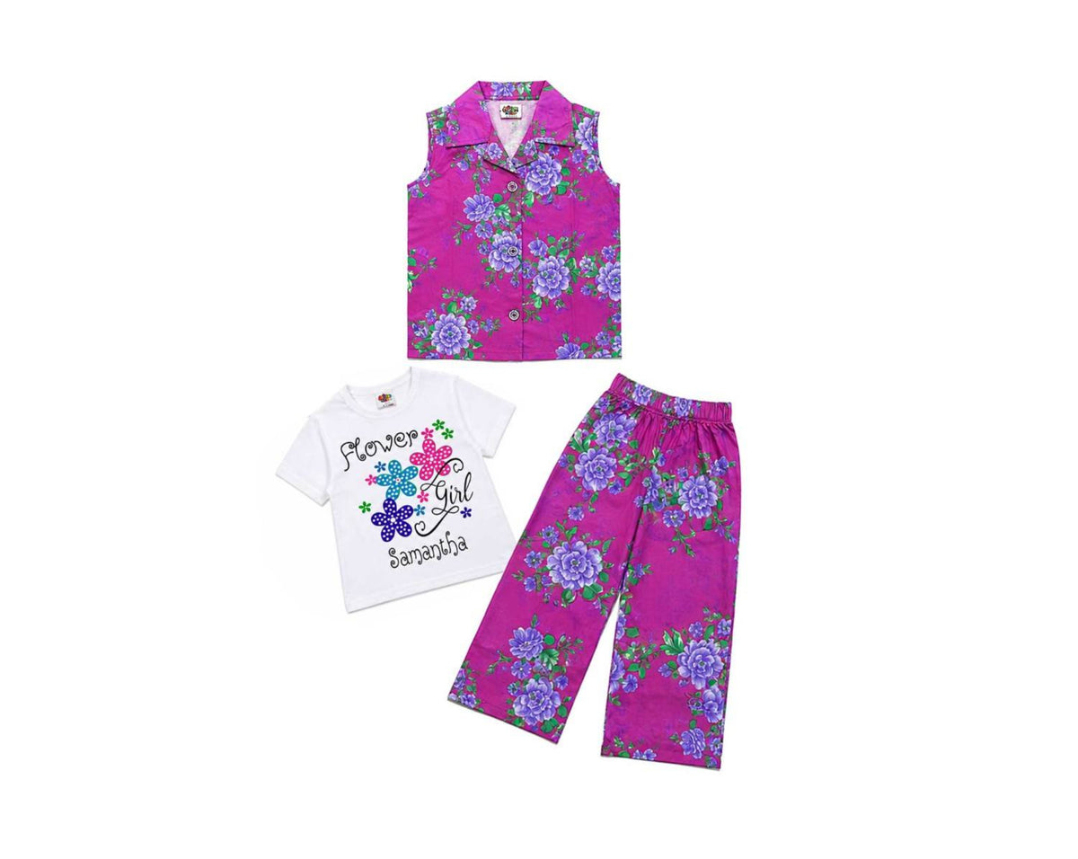 Blue Flowers Printed Tee Shirt Sleeveless Inner & Flapper Trouser - Purple