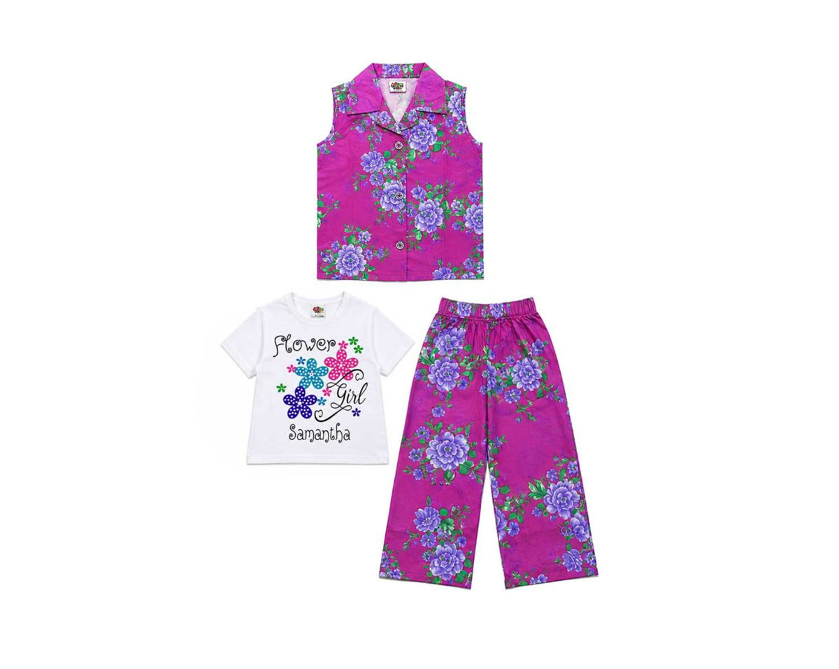 Blue Flowers Printed Tee Shirt Sleeveless Inner & Flapper Trouser - Purple