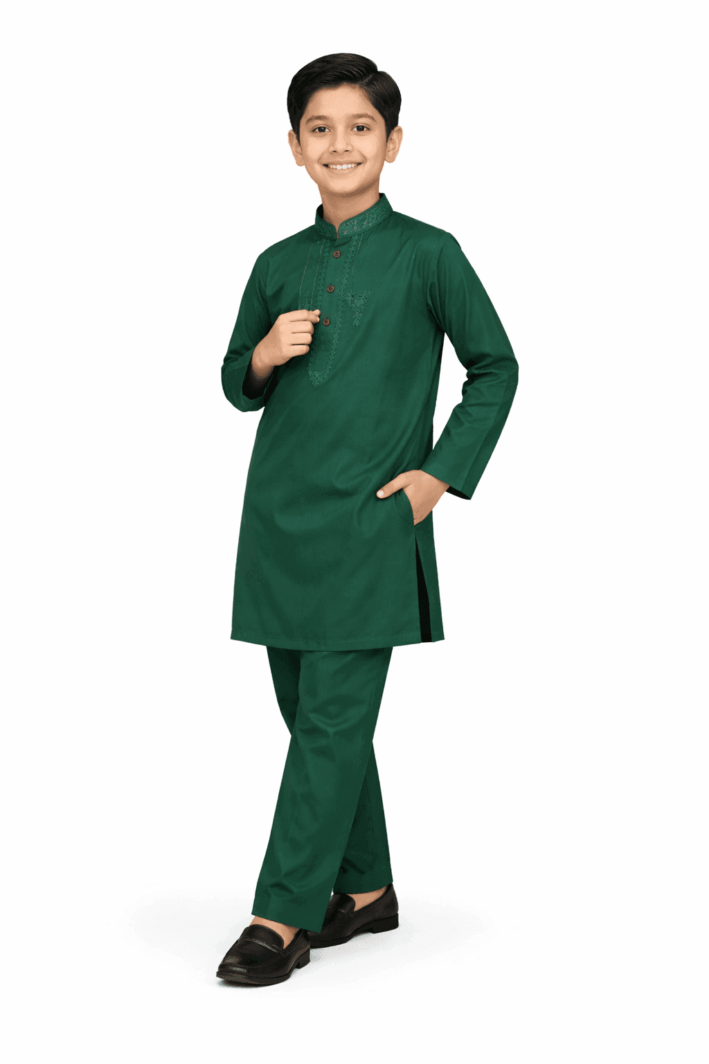 Blue Front Embroidered Batch Cotton Kurta & Trouser Set – Green