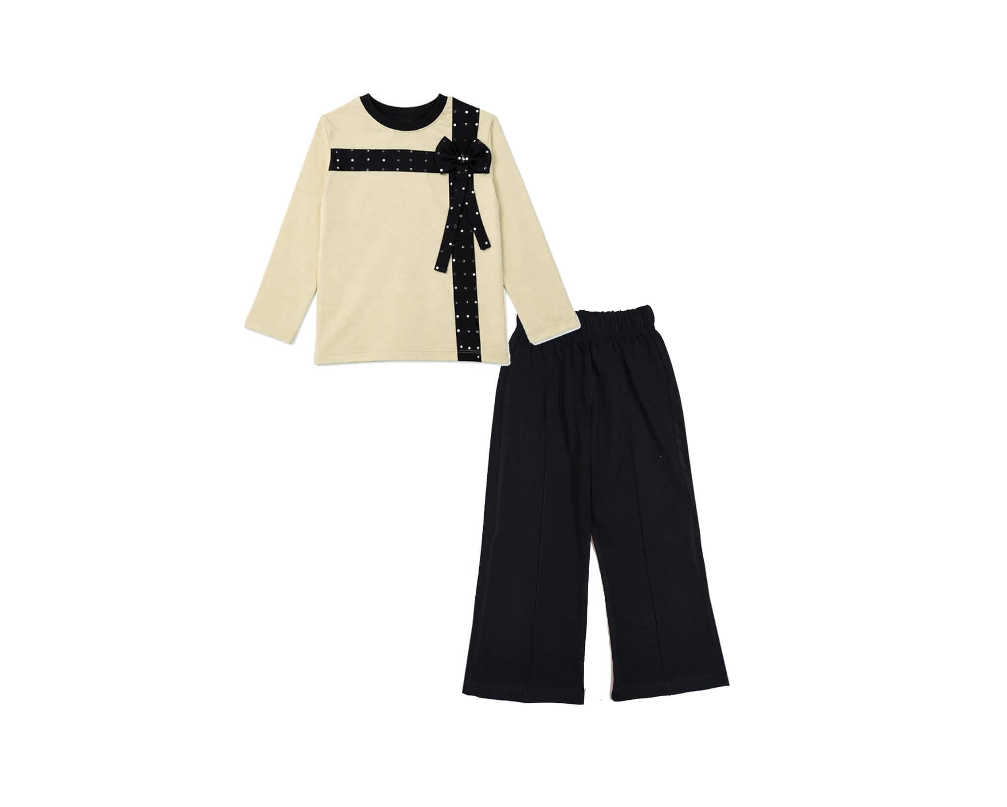 Bow With Ribbon Sequin Work Full Shirt & Flapper Trouser - Skin & Black
