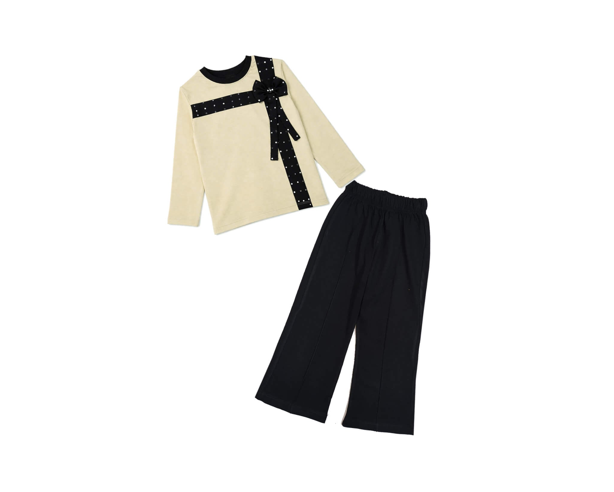 Bow With Ribbon Sequin Work Full Shirt & Flapper Trouser - Skin & Black
